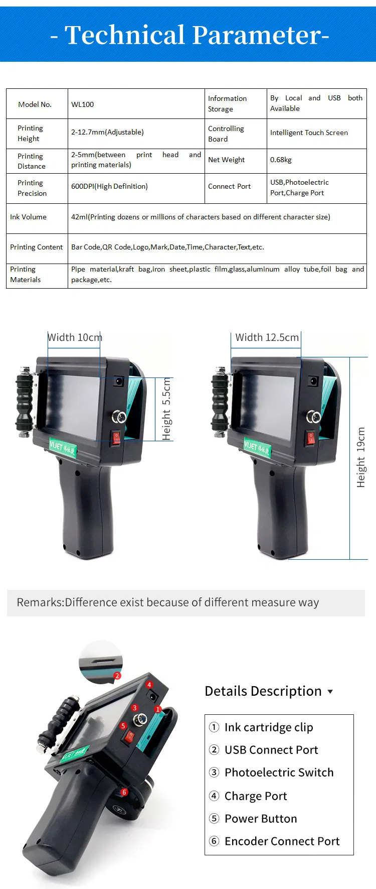 Factory Price Multi Launguage Handjet Printer Wl100 Portable Printer Date/Barcode Printer