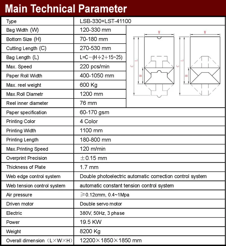 LSB-330+LST-21100/41100 Roll Feeding Flexo Printing Square Bottom Paper Bag Making Machine